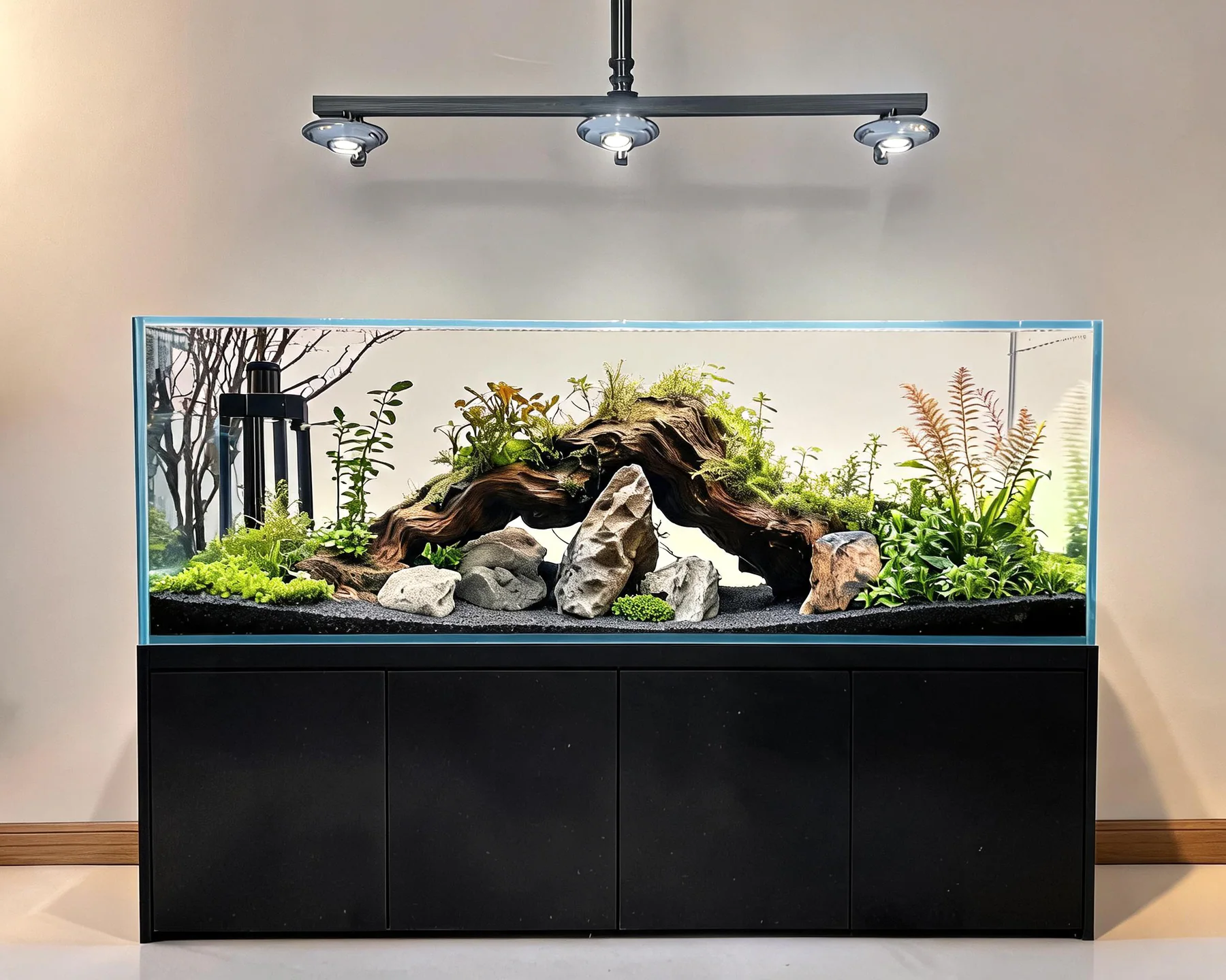 Custom artificial-plant aquascape aquarium integrated into a refined interior